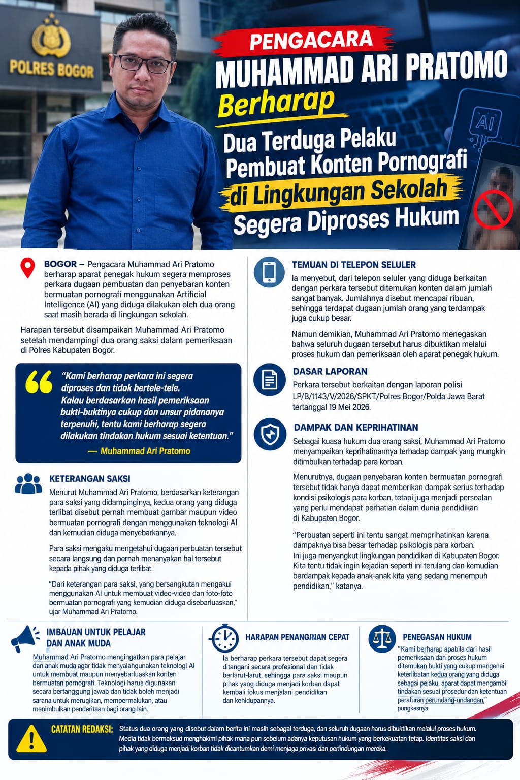 Pengacara Muhammad Ari Pratomo Berharap Dua Terduga Pelaku Pembuat Konten Pornografi di Lingkungan Sekolah Segera Diproses Hukum