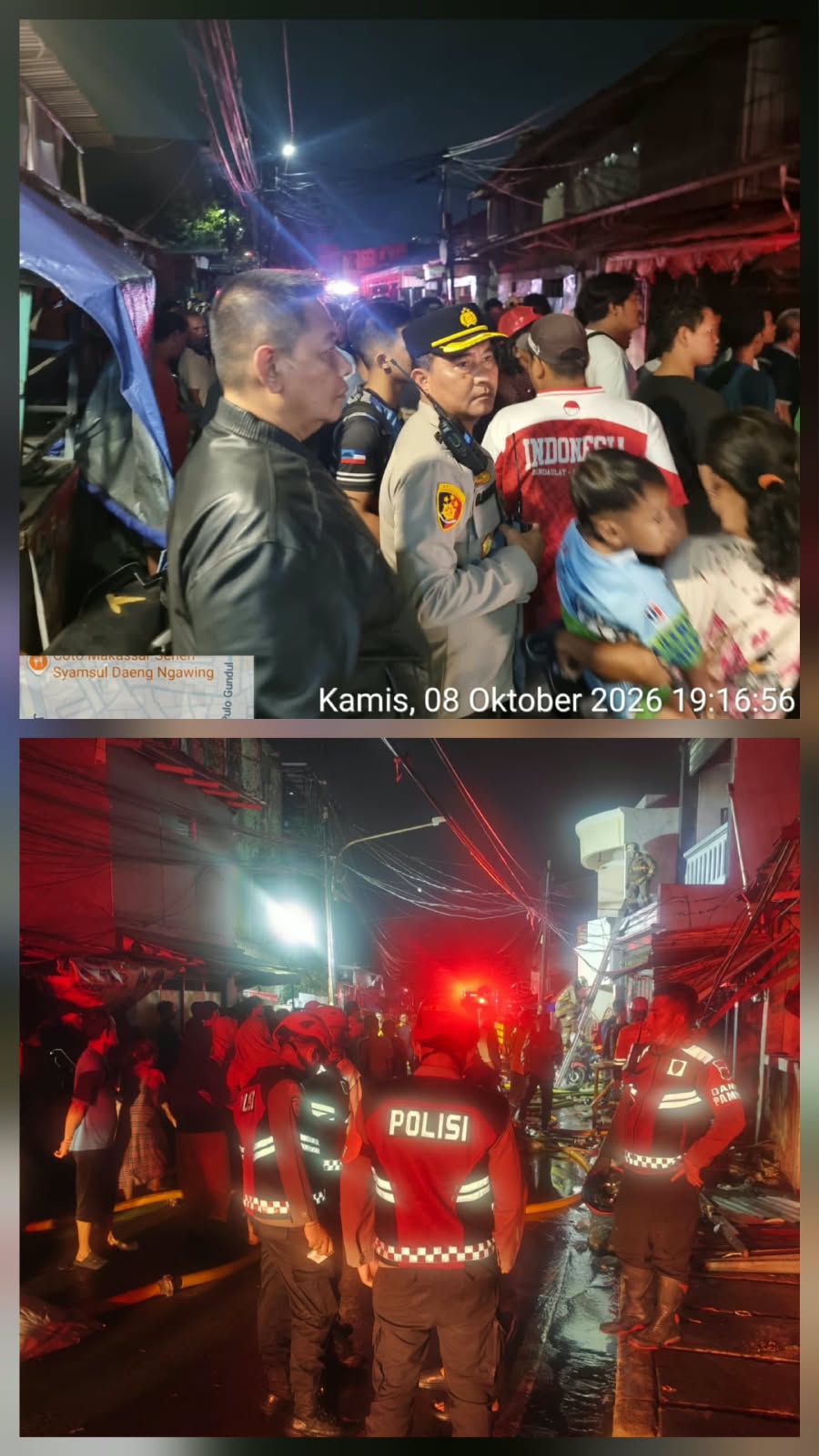 Kebakaran Melanda Pemukiman Padat di Kramat Pulo Jakpus, Polri Bersama Masyarakat Berjibaku Membantu Petugas Damkar dalam proses pemadaman